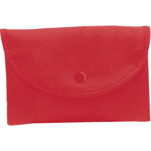 A red foldable bag with a curved flap closure and a snap button, featuring a simple design and a logo.