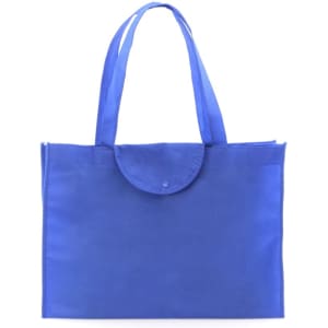 A blue foldable bag with long handles and a snap closure, featuring a simple design and a logo.