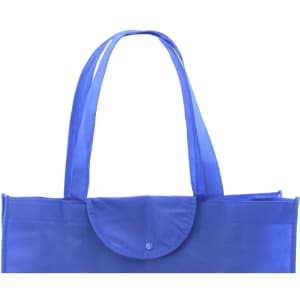 A blue foldable bag with two handles and a snap closure at the top. It features a simple design and has a logo.
