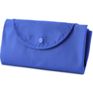 A blue foldable bag with a snap closure, featuring a simple and compact design. It has a branding logo.