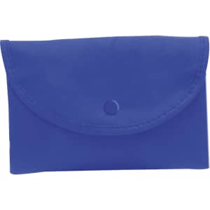 A blue foldable bag with a rounded flap and snap closure, featuring a logo.