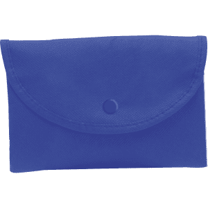 A blue foldable bag with a rounded flap and snap closure, featuring a logo on the front.
