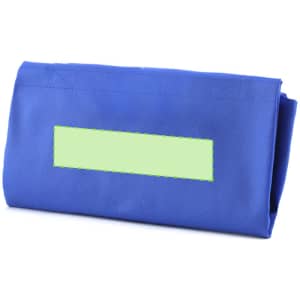 A blue foldable bag with a plain green area and a logo. The bag is neatly folded.