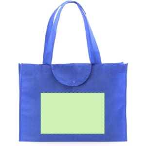 A blue foldable bag with a rounded flap and two handles, featuring a blank section on the front.