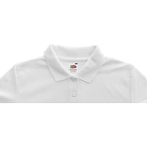 A white polo shirt with a collar and buttons, featuring a logo on the tag.