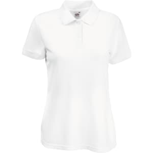 A white women's polo shirt with a collar, short sleeves, and a brand logo on the chest.
