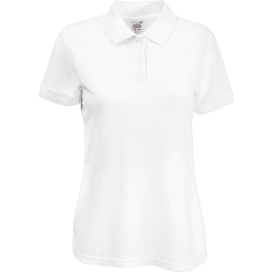 A white women's polo shirt featuring a collar, buttons, and a logo. Suitable for casual or business settings.