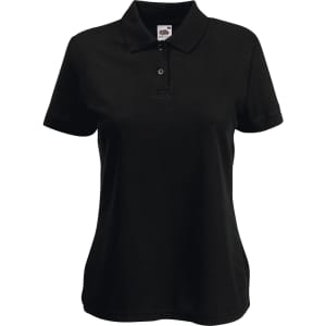 A black women's polo shirt featuring a collar, short sleeves, and a logo on the tag.