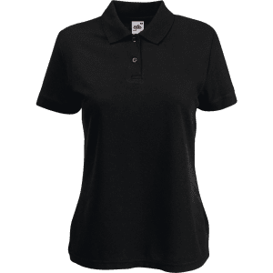 A black women's polo shirt with a collared neckline and a front placket, featuring a logo.