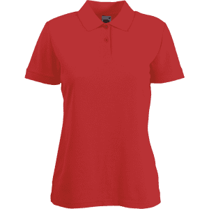 A red women's polo shirt featuring a collar and short sleeves, with a logo on the front.
