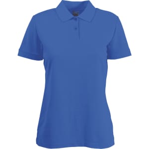 A women's polo shirt in a vibrant blue colour with short sleeves and a collar. It features a logo on the chest.