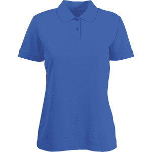 A blue women's polo shirt with a collar, short sleeves, and a buttoned placket. It features a logo on the chest.