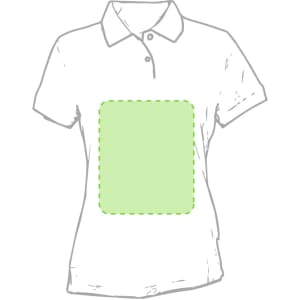 A white women's polo shirt featuring a logo and a solid green area on the front.