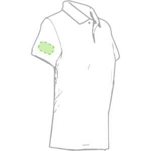 A white women's polo shirt with short sleeves, featuring a logo on the sleeve.