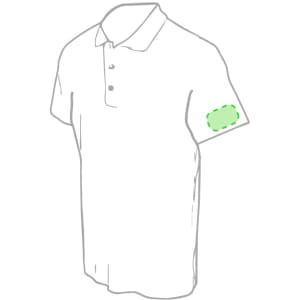 A white women’s polo shirt with a collar and short sleeves, featuring a placeholder for a logo on the sleeve.