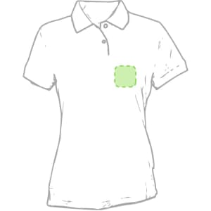 A white women's polo shirt featuring a plain area for logo placement on the front.