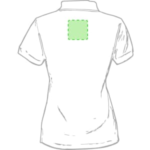 A white women's polo shirt featuring a green square outline on the back. The shirt has a collar and short sleeves.