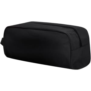 A black shoe bag with a rectangular shape and a zip closure, featuring a simple design and no additional embellishments.
