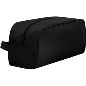A black shoe bag with a zippered top and a side handle, designed for storing footwear.