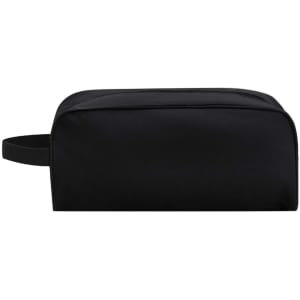 A black shoe bag with a zip closure and a handle for easy carrying. It features a simple, sleek design.