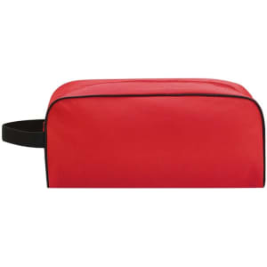 A red shoe bag with a black trim and a handle, featuring a simple design and logo.