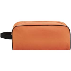 An orange shoe bag featuring a black trim and a handle for easy carrying. It has a simple design.