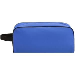 A blue shoe bag with a black trim and handle, featuring a simple design and a logo.