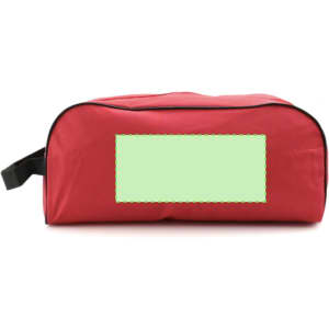 A red shoe bag with a zip closure and a blank area for customisation. Features a logo on one side.