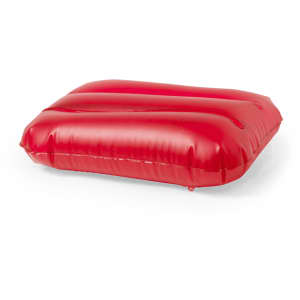 A red inflatable pillow with a smooth, glossy surface, featured in a rectangular shape.
