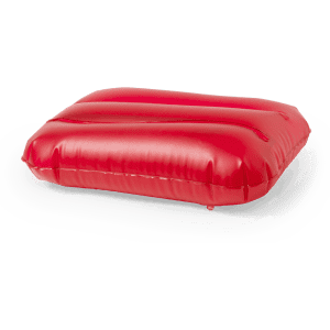 A red inflatable pillow with a smooth surface and slight grooves, featuring a logo.