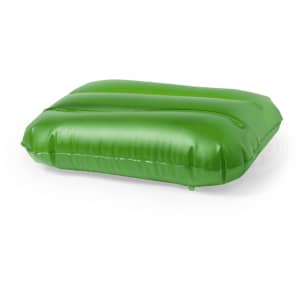 A green inflatable pillow with a smooth surface, featuring raised sections for comfort. It has a logo on it.