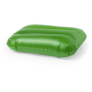 A green inflatable pillow with a smooth surface, featuring subtle indentations for added comfort.