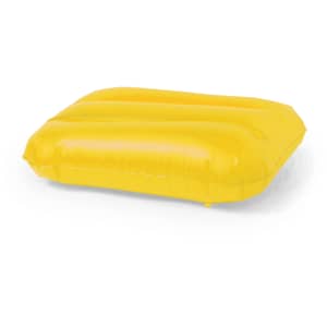A yellow inflatable pillow featuring a smooth, rounded design. It has a logo on one side.