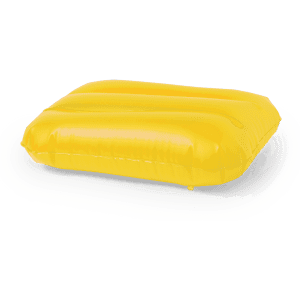 A bright yellow inflatable pillow with a smooth surface and rounded edges, featuring a logo on the side.