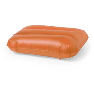 An orange inflatable pillow with a smooth, shiny surface, featuring a simple design.