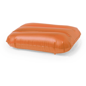 An orange inflatable pillow with a smooth surface and a rectangular shape, designed for outdoor use.