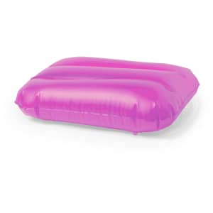 A pink inflatable pillow with a smooth surface, featuring a logo. Suitable for leisure and outdoor activities.