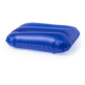A blue inflatable pillow with a smooth surface and horizontal grooves, featuring a branding logo.