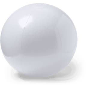 A large, white beach ball with a smooth surface and a logo featured on it.