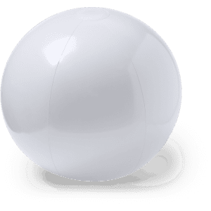 A large white beach ball with a smooth surface and a rounded shape. It features a logo.