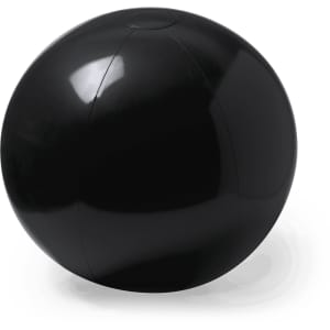 A black beach ball with a glossy finish, featuring a simple design and a logo.