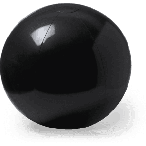 A black beach ball with a glossy finish and a subtle logo, designed for leisure and outdoor activities.