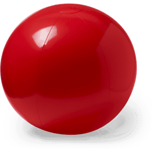 A bright red beach ball with a smooth, glossy surface and a logo. Ideal for leisure and outdoor activities.