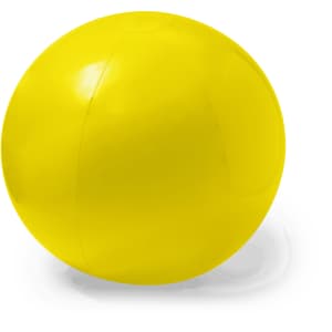 A bright yellow beach ball with a smooth, glossy surface and a simple design, featuring a logo.