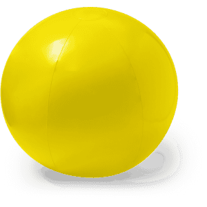 A bright yellow beach ball with a smooth, glossy surface and a traditional spherical shape.