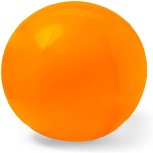 An orange beach ball with a glossy finish, featuring a logo on its surface. Suitable for recreational use.