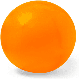 An orange beach ball featuring a smooth surface and a logo.