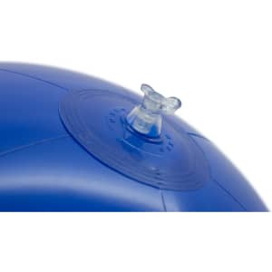 A blue beach ball featuring a clear inflation valve and having a round, smooth surface.