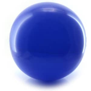 A blue beach ball with a glossy finish and a logo. Suitable for leisure and outdoor activities.