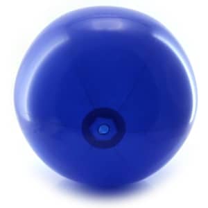 A blue beach ball with a circular shape and a central valve, featuring a glossy surface and a logo.